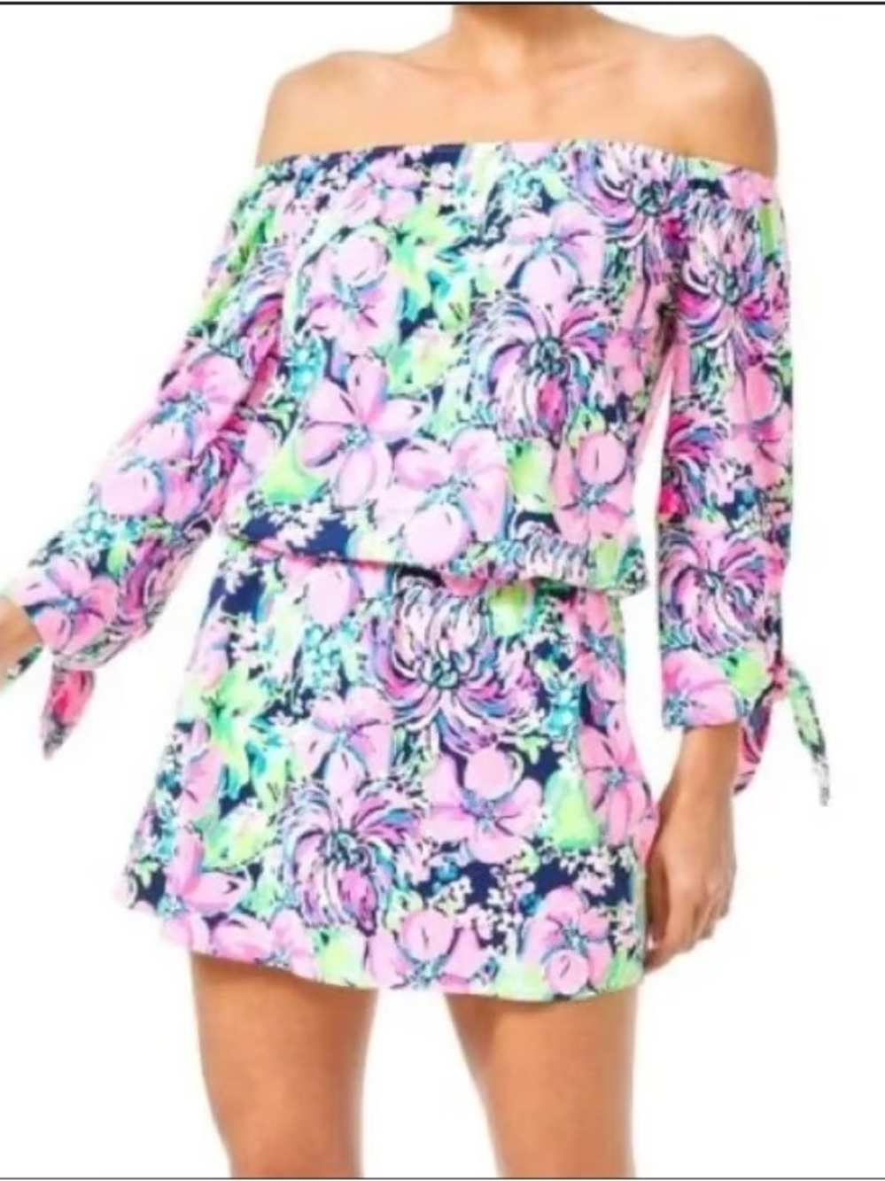 Lilly Pulitzer resortwear XL Pink Floral Off Shoulder Skort Romper Tie Sleeve